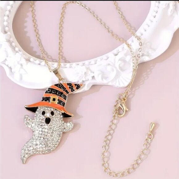 Rhinestone Ghost Necklace Halloween - Picture 3 of 5